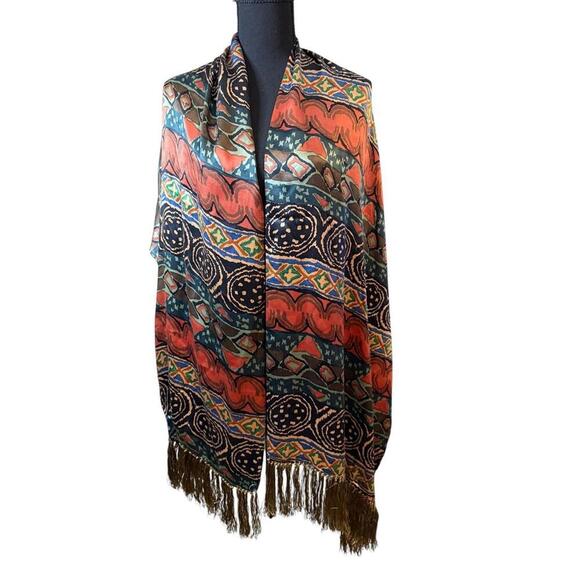 Women's Silk Fringe Scarf Tribal Print Multicolor One Size Bohemian Colorful - Picture 1 of 3